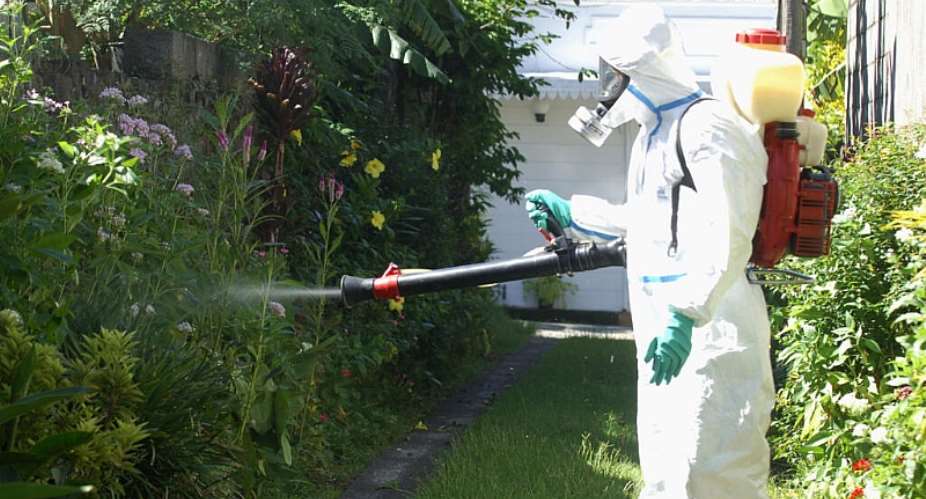 A city employee sprays a solution against mosquitos in Saint Denis, Reunion Island, where nearly 100,000 people are thought to have been infected with chikungunya last year. -  Adrien/AP