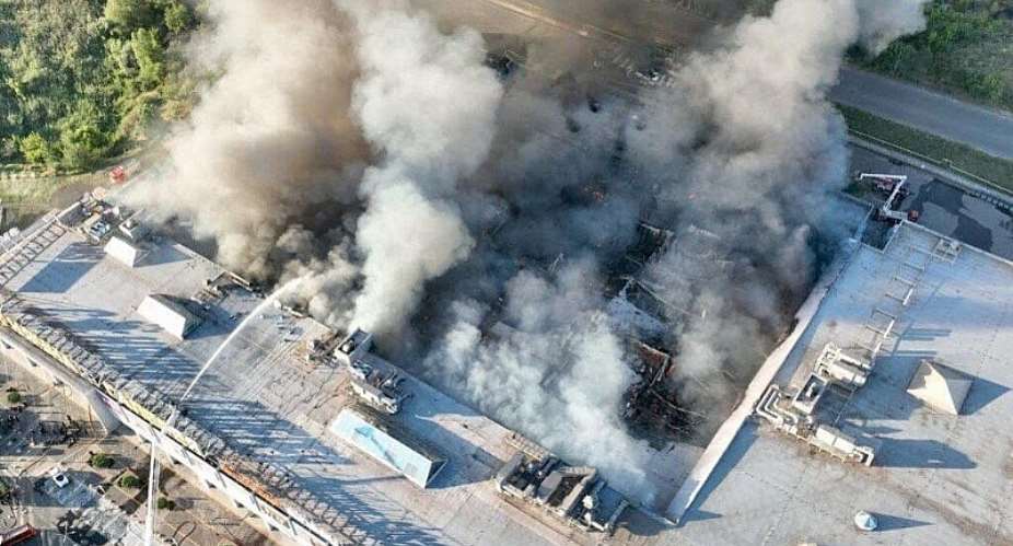 This handout photograph taken and released by the Dnipropetrovsk Regional Military Administration on August 21, 2026 shows firefighters taking part in operations against a fire at the site of a shopping mall damaged following a Russian strike in Kryvyi Rih. -  Dnipropetrovsk Regional Military Administration via AFP