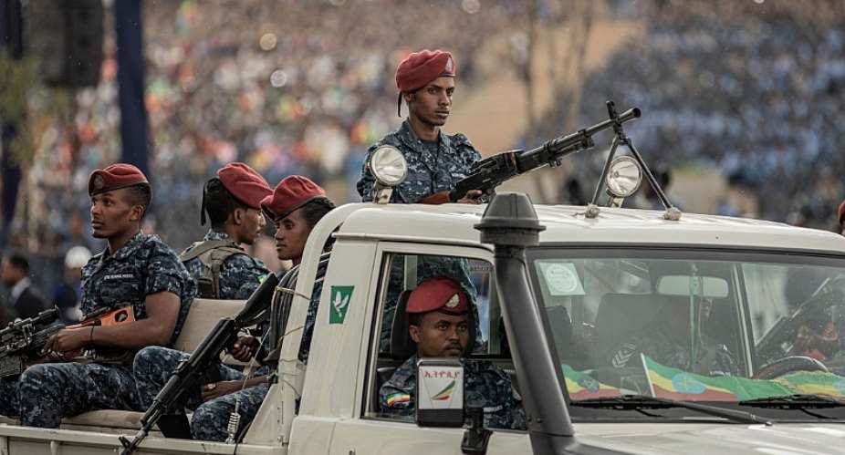 Ethiopian federal police officers pass by during a ceremony of honoring members of the federal police force in Addis Ababa, Ethiopia, on June 5, 2022. AFPAmanuel Sileshi