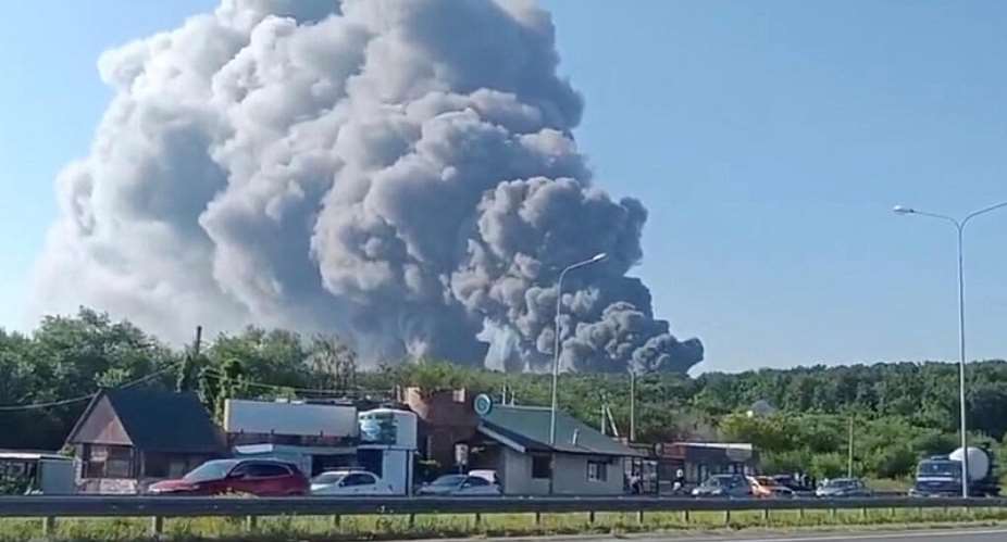 Smoke rises after a Ukrainian drone attack on a Wildberries warehouse in Novosemeykino, Samara region, Russia, August 2, 2026, in this still image obtained from video. -  Social media via Reuters