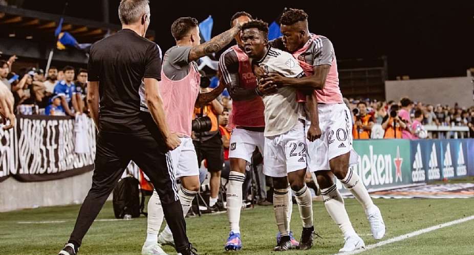 Ghana forward Kwadwo Opoku celebrates with teammates after scoring for LAFC. Photo credit/imadshoots