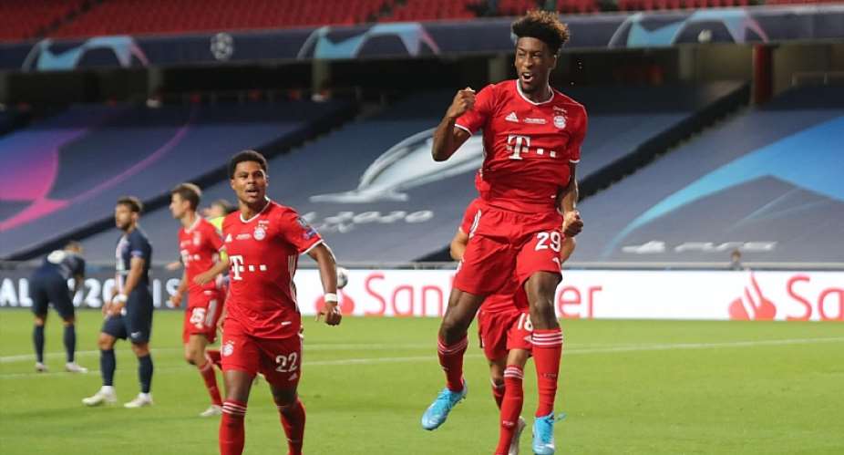 French forward Kingsley Coman R celebrates scoring the opening goal with his teammates during the UEFA Champions League final football match between Paris Saint-Germain and Bayern Munich at the Luz stadium in Lisbon on August 23, 2020.Image credit: Getty Images