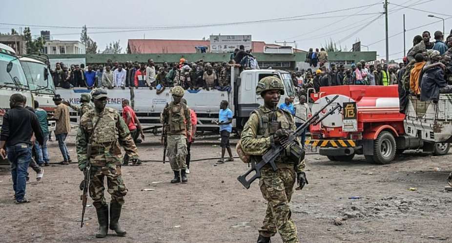 M23 rebels escort DRC government soldiers and police who surrendered to them to an undisclosed location in Goma, Democratic republic of the Congo, on 30 January 2025. -  AP Photo/Moses Sawasawa