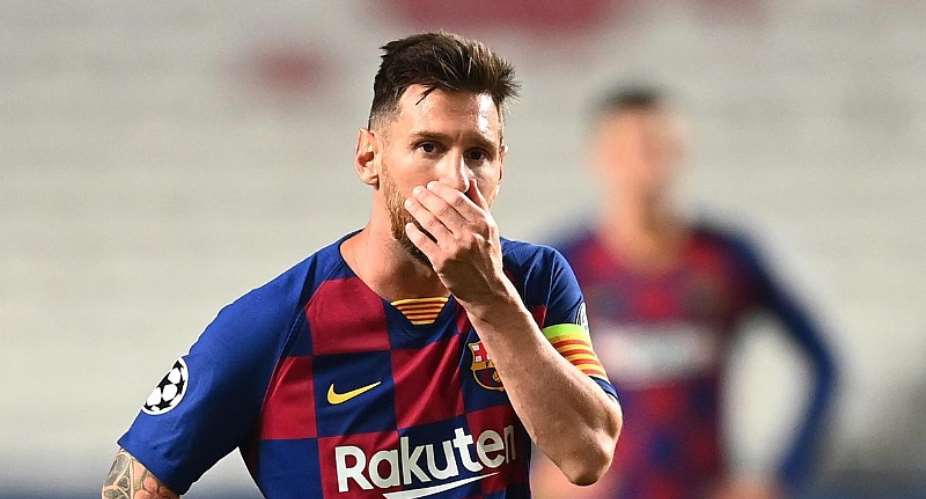 LIONEL MESSI OF BARCELONA LOOKS DEJECTED DURING THE UEFA CHAMPIONS LEAGUE QUARTER FINAL MATCH BETWEEN BARCELONA AND BAYERN MUNICH AT ESTADIO DO SPORT LISBOA E BENFICA ON AUGUST 14, 2020 IN LISBON, PORTUGAL.IMAGE CREDIT: GETTY IMAGES