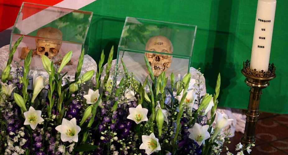 The skulls of Herero and ethnic Nama people from Namibia displayed during a ceremony in Berlin in August 2018, before Germany handed the remains back to Namibia. -  Christian Mang/Reuters