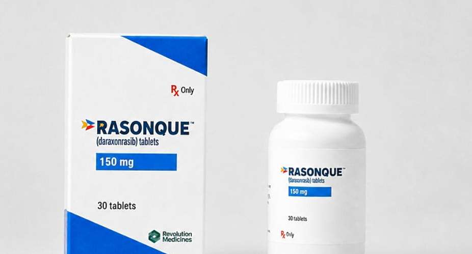 This photo provided by Revolution Medicines on August 26, 2026 shows packaging for the new pancreatic cancer drug, daraxonrasib, under the brand name Rasonque. -  Revolution Medicines via AP