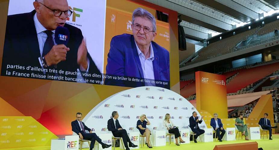 The seven declared candidates for the 2027 presidential election at the debate organised by Medef on August 27, 2026, in Paris. -  Thomas Samson, AFP