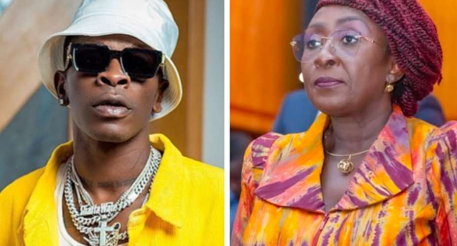 Shatta Wale left and Creative Arts Minister Abla Dzifa Gomashie
