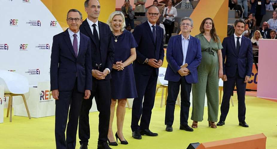 Seven of the declared candidates for the 2027 French presidential election debate for the first time at the MEDEF summer forum, 27 August 2026 in Paris. - REUTERS - Stephanie Lecocq