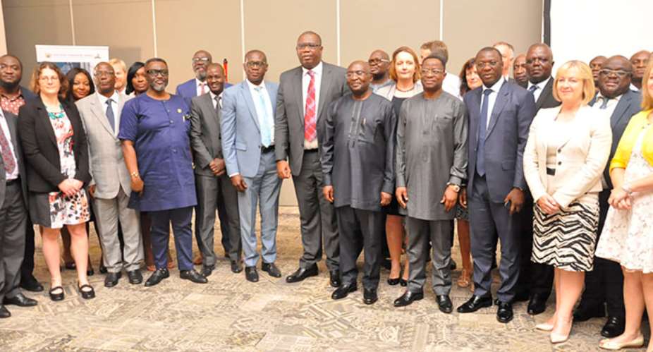 Vice-President Dr. Mahamudu Bawumia 4th from right with guests including ministers after the 11th International Upstream Forum in Accra