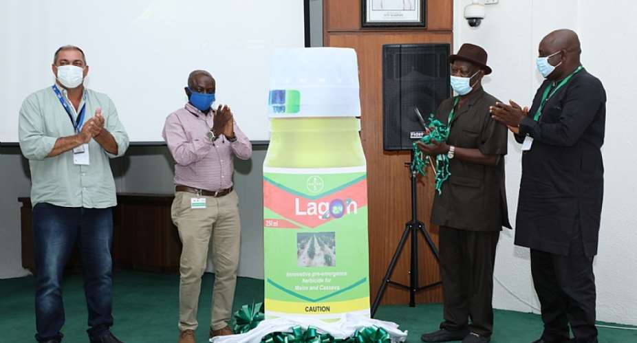 L-R: Cassava Farmer, Marcos Antonio Dalevedove; Country sales Manager, Bayer Nigeria Limited, Temitope Banjo; Director for Development  Delivery at IITA, Dr Alfred Dixon; and a representative of Nigeria Cassava Growers Association, Simeon Adetunji during the launch of Lagon for weed control in Cassava on Tuesday in Ibadan