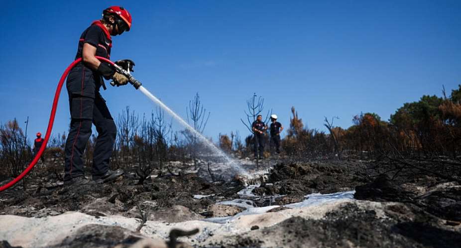 A firefighter sprays foam on burnt trees and plants in the forest of Le Grand Crohot, in Lege-Cap-Ferret, southwestern France on 1 August, 2026. - AFP - ROMAIN PERROCHEAU