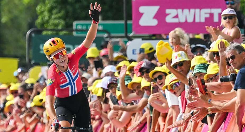 Norwegian rider Sigrid Haugset celebrates her win on stage three of the Tour de France Femmes. -  Nicolas Tucat,  AFP