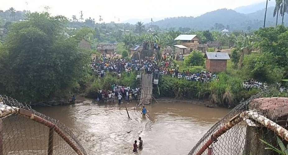 This photo, taken by a local, shows the bridge that once connected the two parts of the village of Hombo after it collapsed on June 3, 2026. Even though a number of people - including children - fell into the water, no one died. -  Observers