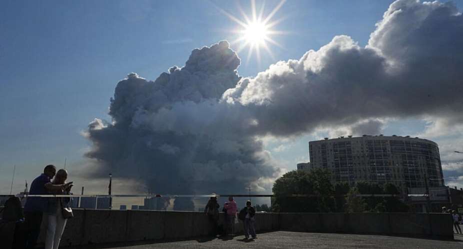 Smoke billows into the sky following Ukrainian drone strikes on warehouses of Russias online retailer Wildberries, in St. Petersburg, Russia, Friday, July 24, 2026. -  UGC via