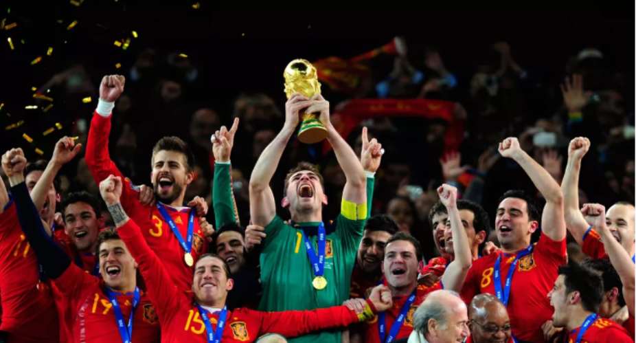 Iker Casillas of Spain celebrates lifting the World Cup with team mates during the 2010 FIFA World Cup South Africa Final match between Netherlands and Spain at Soccer City Stadium on July 11, 2010 in Johannesburg, South AfricaImage credit: Getty Images