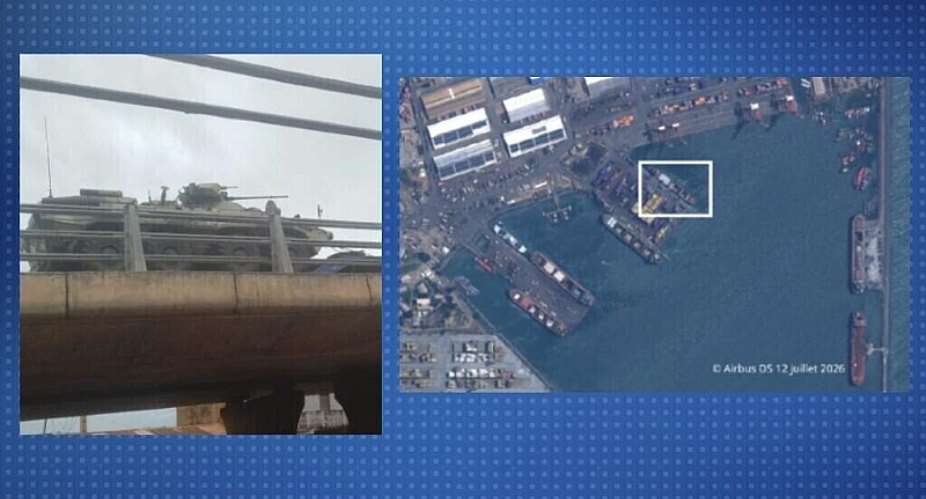 The photo at left, posted on July 23, 2026, shows a convoy of military vehicles driving through the town of Sikasso in Mali. The image at right is a satellite image of the Mikhail Britnev taken on July 12, 2026. -  Facebook, Airbus DS July 2026