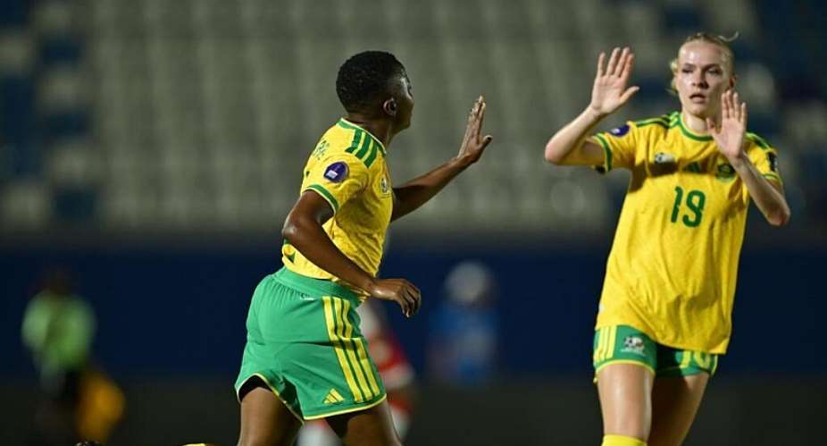 Thembi Kgatlana (left) scored South Africas winner against Burkina Faso, taking the 2022 champions into a final eight clash with hosts Morocco. -  South African Football Association