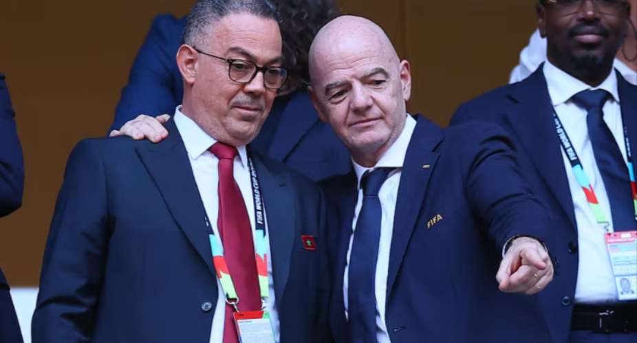 FIFA World Cup 2026 - Round of 32 - Netherlands v Morocco - Estadio Monterrey, Monterrey, Mexico - June 29, 2026 President of the Royal Moroccan Football Federation Fouzi Lekjaa and FIFA President Gianni Infantino in the stands before the match REUTERS/Eloisa Sanchez
