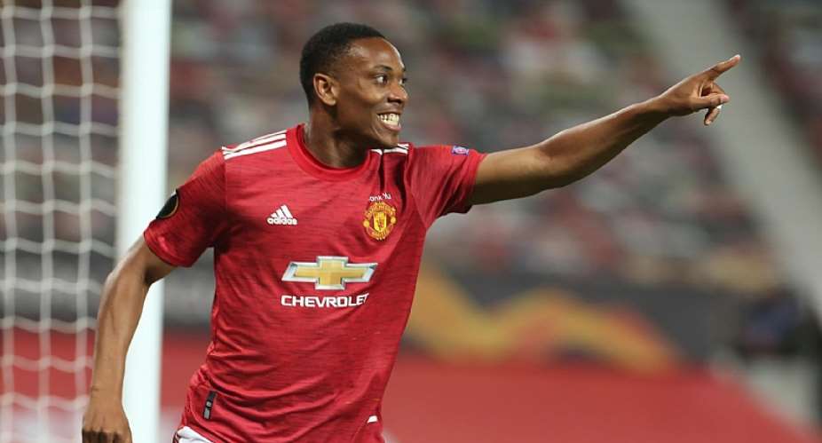 Anthony Martial of Manchester United celebrates scoring their second goal during the UEFA Europa League round of 16 second leg match between Manchester United and LASK at Old Trafford on August 05, 2020 in Manchester, England.Image credit: Getty Images