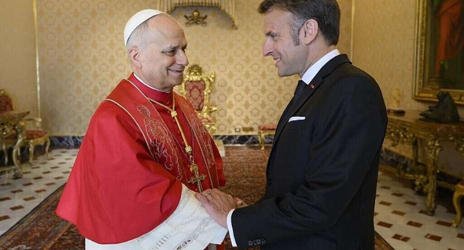 Pope Leo XIV held a private one-hour audience with President Emmanuel Macron in The Vatican, 10 April, 2026. - AFP - HANDOUT