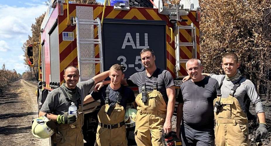 Ukrainian firefighters in Le Porge, southwestern France, on 4 August 2026. The area has been devastated by an extensive wildfire. -  Pierre Olivier / RFI