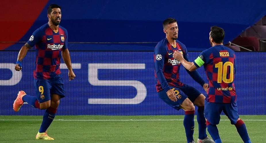 Barcelona's French defender Clement Lenglet C celebrates with Barcelona's Argentine forward Lionel Messi R and Barcelona's Uruguayan forward Luis Suarez R after scoring a goal during the UEFA Champions League round of 16 second leg football match beImage credit: Getty Images