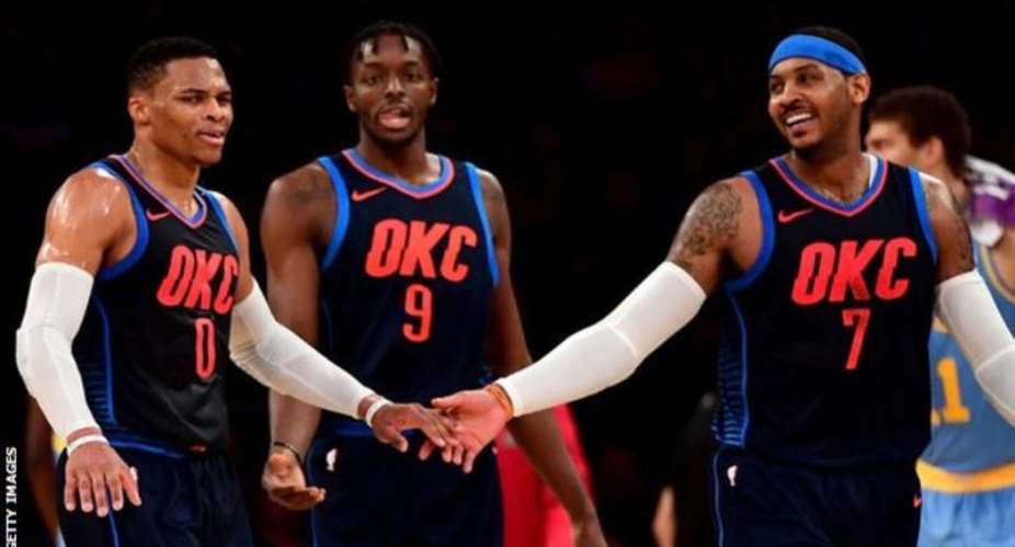 Russell Westbrook left and Carmelo Anthony right were team-mates for the Oklahoma City Thunder in 2017-18