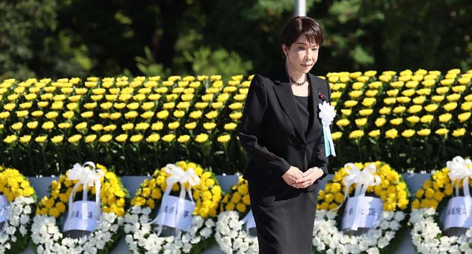 Japanese Prime Minister Sanae Takaichi looks on during a memorial at the Peace Memorial Ceremony, on the 81st anniversary of the dropping of the atomic bomb, at the Peace Memorial Park in Hiroshima on August 6, 2026 -  JIJI PRESS / JIJI Press/AFP