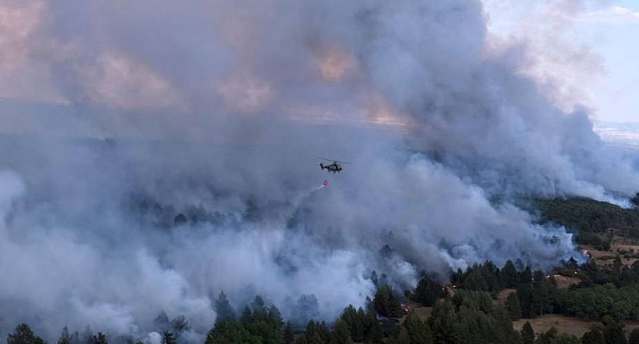 A Serbian police helicopter battles a fire in Deliblatska Pescara (Deliblato Sands), 70 kilometres northwest of Belgrade, Serbia, on Wednesday, August 5, 2026. -  Serbian Ministry of Interior