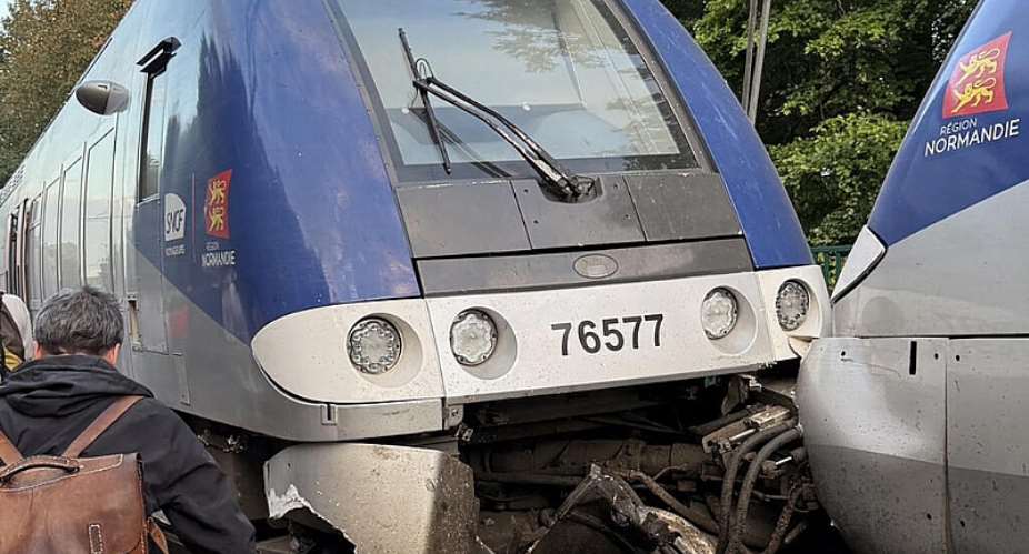 This UGC image courtesy of Luis Branco shows the scene of a trail derailment in Cleon, between the Normandy cities of Rouen and Caen, on September 11, 2026. -  Luis Branco, AFP