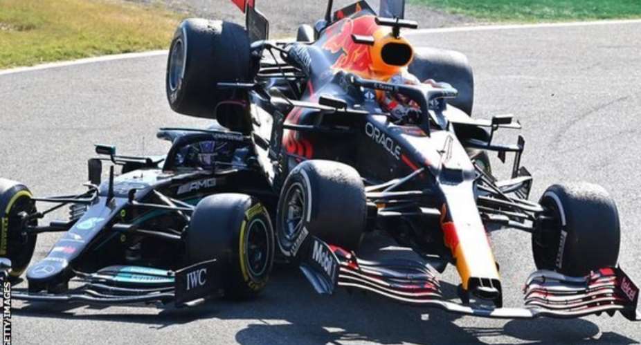 Max Verstappen's Red Bull went over Lewis Hamilton's Mercedes on lap 26 of the Italian Grand Prix at Monza