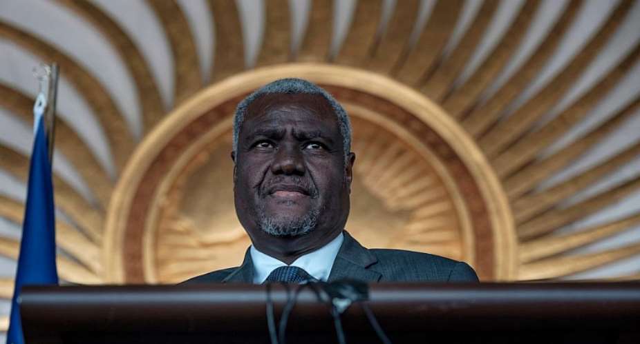 The Chairperson of the African Union, Moussa Faki Mahamat, speaks during a briefing in Addis Ababa. - Source: Photo by Eduardo SoterasAFP via Getty Images
