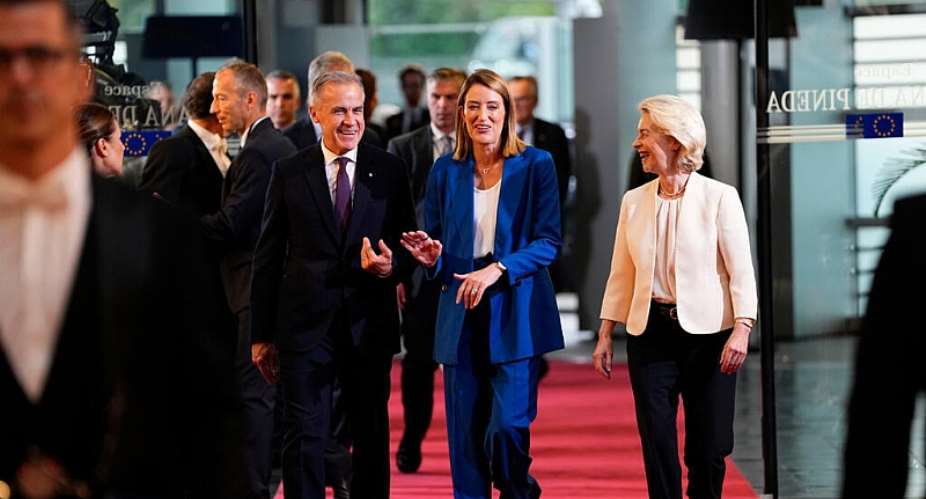 Canadian Prime Minister Mark Carney with President of the European Parliament Roberta Metsola and President of the European Commission Ursula von der Leyen at the European Parliament in Strasbourg, France on September 16, 2026. -  Justin Tang, The Canadian Press via AP