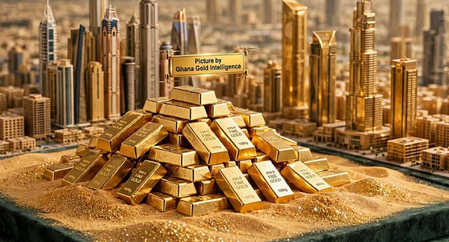 Illustrative AI-generated image depicting gold bullion against a stylised Dubai skyline. Image credit Ghana Gold Intelligence.