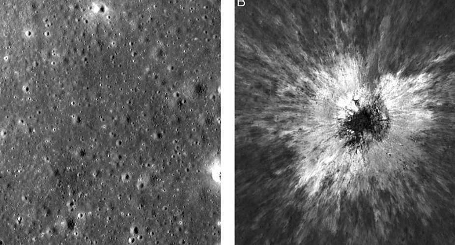 This series of photographs taken by NASA’s Lunar Reconnaissance Orbiter shows the same area of the lunar surface before and after the formation of a crater that was recently discovered in May 2024. - NASA/Goddard Space Flight Center