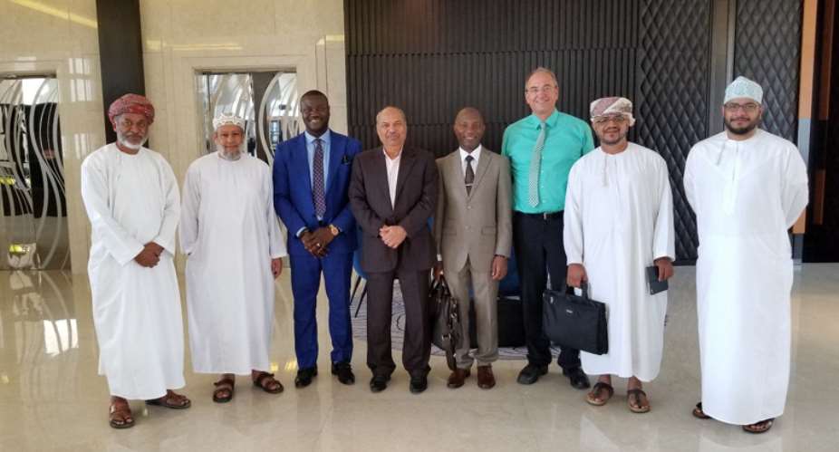 Dr. Owusu Kizito, ChairmanCEO of Investigroup  third from left  with Dr. P Mohamed Ali  fourth from left -A multibillionaire industrialist and Chairman of MFAR Group of Companies , Dr. Peter Ikre, CFO of Investigroup, Christian Piendl- German Consultant, Humaid Al Habsy- Investigroup's local representative, Mohiudin Mohammed Ali, V P of GALFAR. First and second from left include Ahmed Al Habsy and Dr. Salim