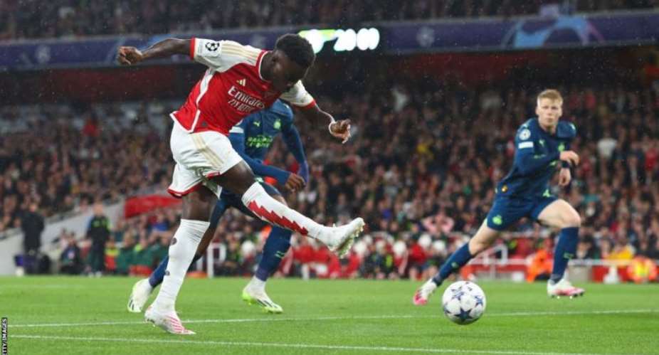 Bukayo Saka scored eight minutes into his Champions League debut