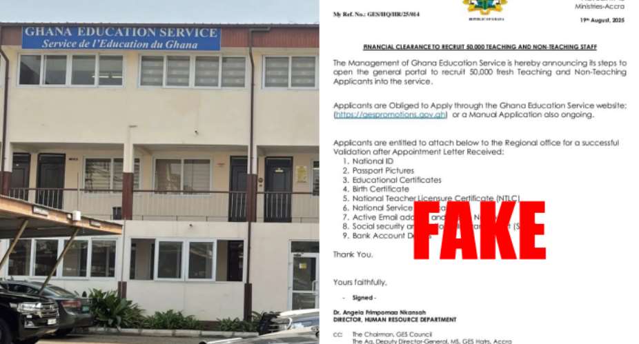 Clearance letter for recruitment of 50,000 teachers fake – GES clarifies