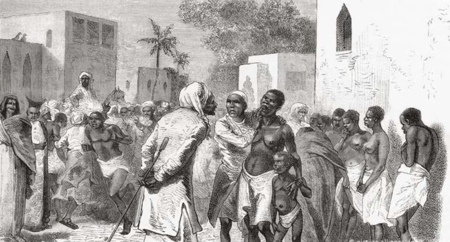 A slave market in Zanzibar, on a depiction from 1878