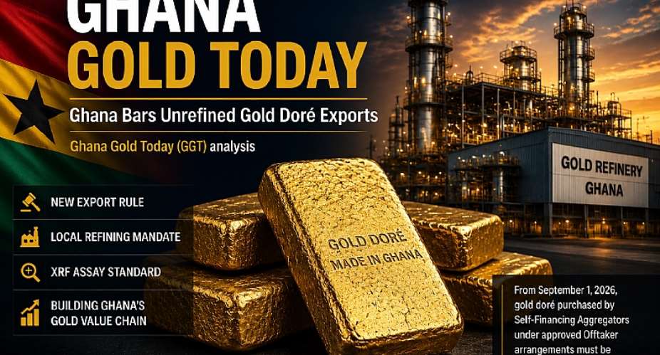 Caption: Editorial illustration on Ghanas gold refining policy.Image credit: Original illustration created for Ghana Gold Today (GGT).