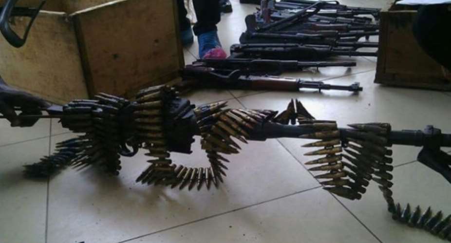 File photo: Some 11 AK-47 assault rifles, 10 G-3 assault rifles, several magazines and a large quantity of ammunition was seized in Kumasi in 2015.