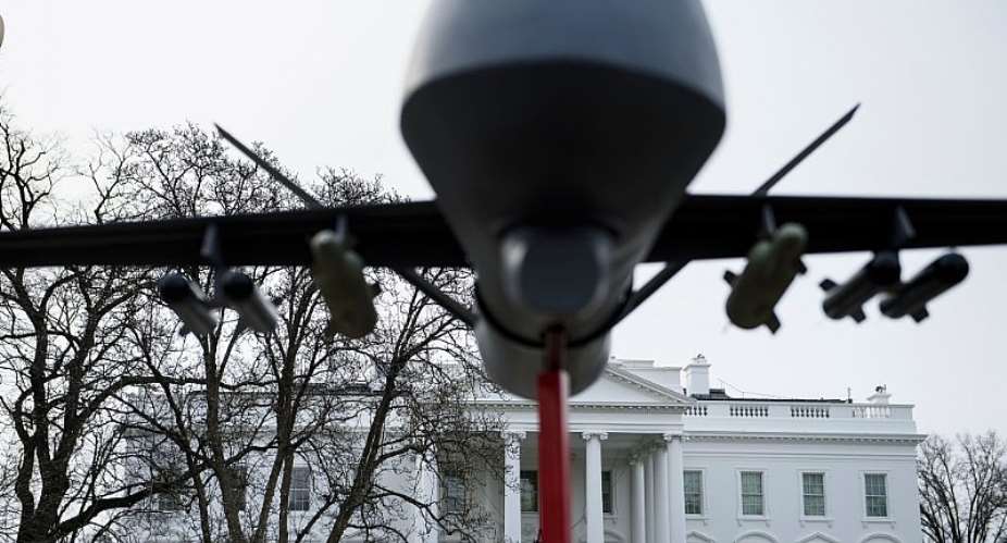 A military drone replica is displayed in front of the White House during a protest against drone strikes on January 12, 2019 in Washington, DC.  - Source: Brendan SmialowskiAFP via Getty Images