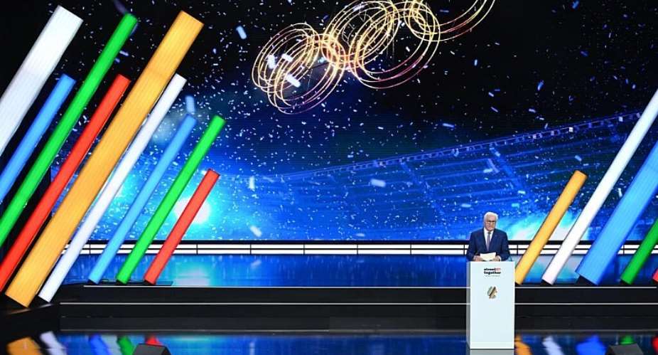 Germanys President Frank-Walter Steinmeier speaks at the extraordinary DOSB General Assembly to select Germanys Olympic bid for 2036, 2040, or 2044, in Baden-Baden, Germany, Saturday Sept. 26, 2026. - Marijan Murat/DPA via AP - Marijan Murat