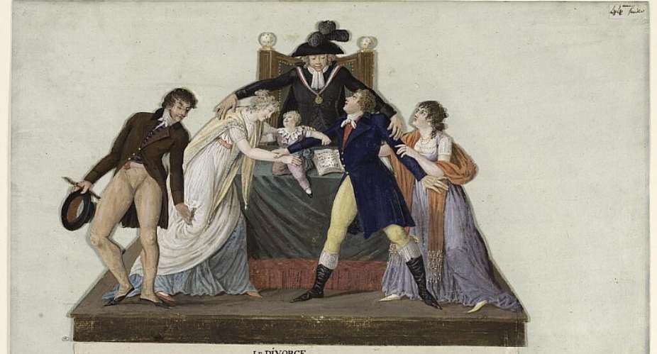 An engraving by Jean-Baptiste Lesueur from around 1795 shows a couple before a judge, rethinking their divorce for adultery after the wife brought their young child into the courtroom. France first introduced divorce in 1792. -  Jean-Baptiste Lesueur / Muse Carnavalet