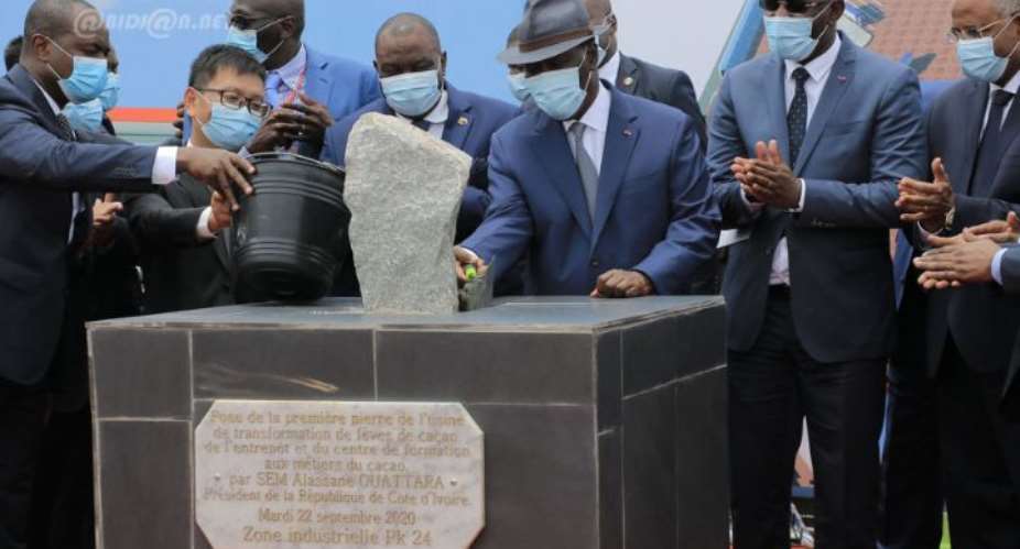 Laying of the first stone of the cocoa bean processing plant, the warehouse and the training center for cocoa trades Abidjan on September 22, 2020. President Alassane Ouattara chaired this Tuesday the ceremony of laying the foundation stone of the cocoa bean processing plant, warehouse and training center for cocoa trades. Abidjan.net by Atapointe