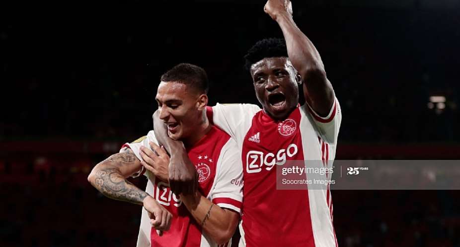 Mohammed Kudus Right celebrating with Ajax teammate Antony Left. Photo Creditgetty images