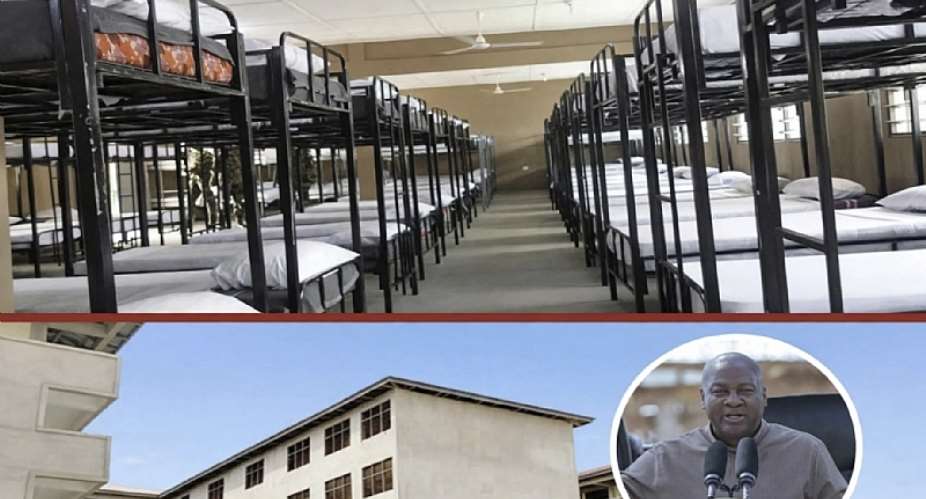 Top — overcrowded SHS dormitory highlighting welfare challenges.  Bottom — E-Block projects pledged for completion to ease congestion and end double-track.