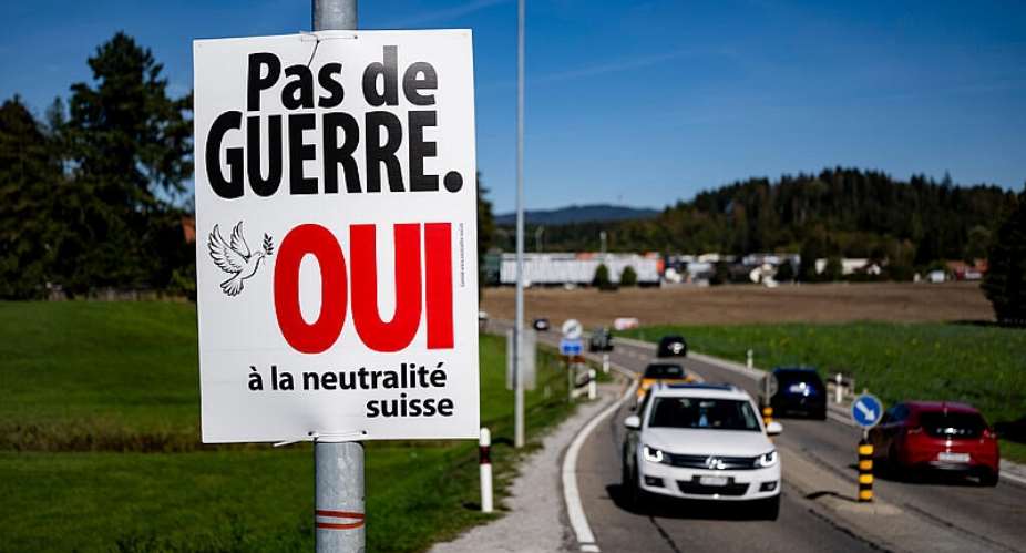 An poster that reads No war, Yes to Swiss neutrality, in favour of a referendum to enshrine neutrality in Switzerlands constitution, on a road in Epagny, 25 September 2026. The proposal was rejected by over 70 percent of voters on Sunday. -  Jean-Christophe Bott/Keystone via AP