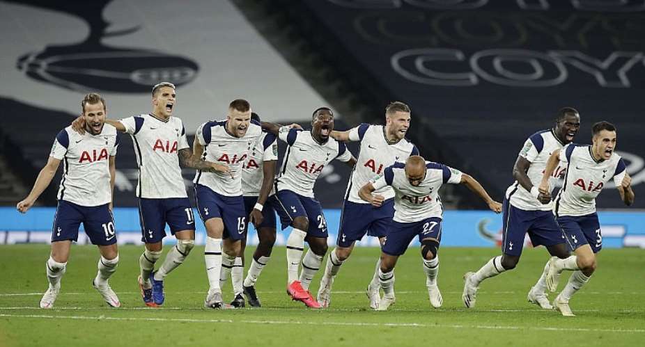 TOTTENHAM HOTSPUR PLAYERS CELEBRATE FOLLOWING THEIR TEAM'S VICTORY IN IN THE PENALTY SHOOT OUT AND THEREFORE WINNING DURING THE CARABAO CUP FOURTH ROUND MATCH BETWEEN TOTTENHAM HOTSPUR AND CHELSEA AT TOTTENHAM HOTSPUR STADIUM ON SEPTEMBER 29, 2020 IN LONDIMAGE CREDIT: GETTY IMAGES